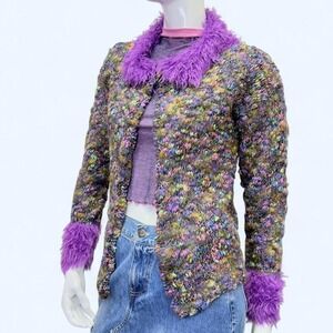 Vintage 90s Textured Knit Cardigan Purple Faux Fur Trim Boho Womens S